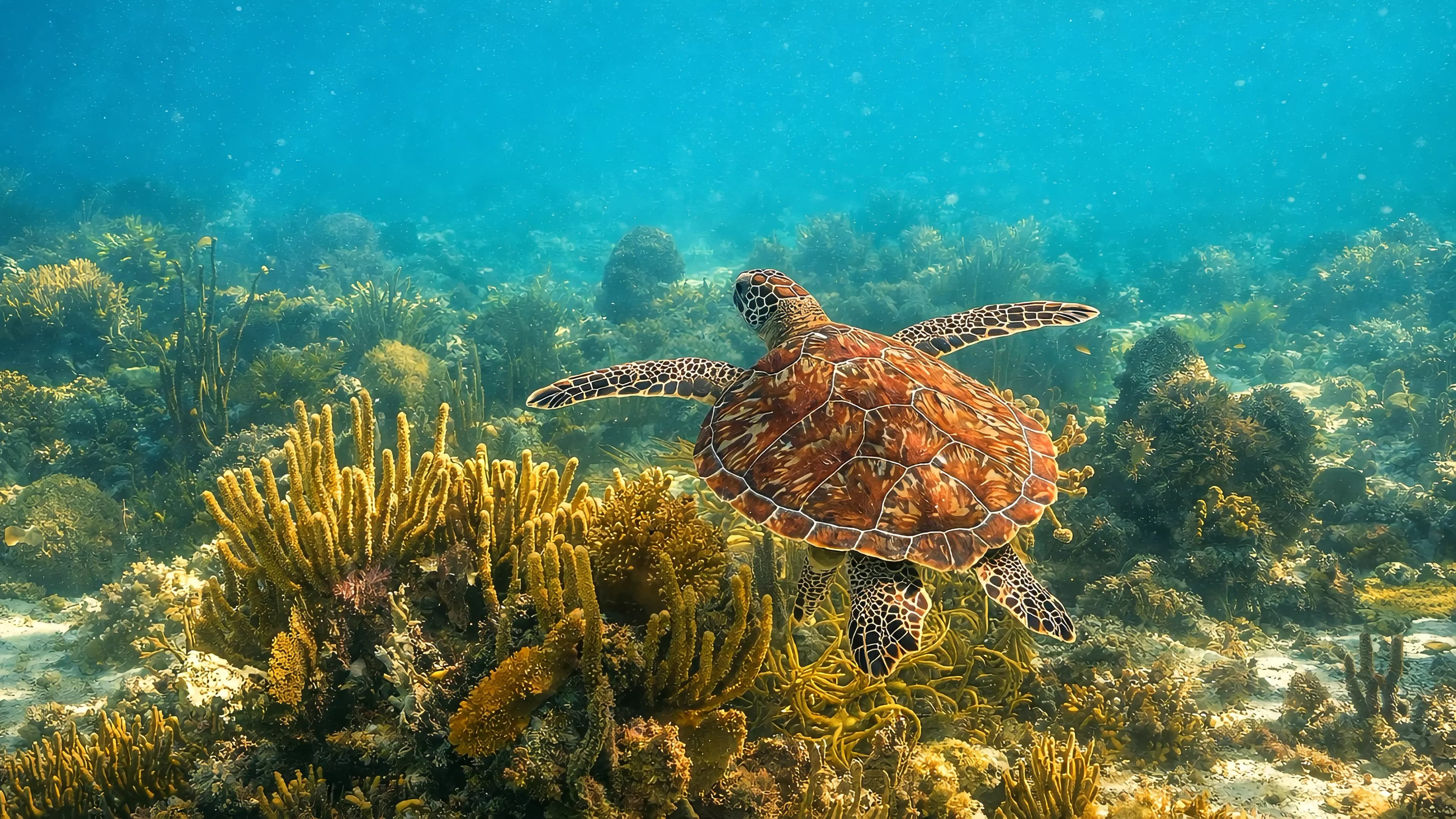 Sea turtle swimming above a coral reef